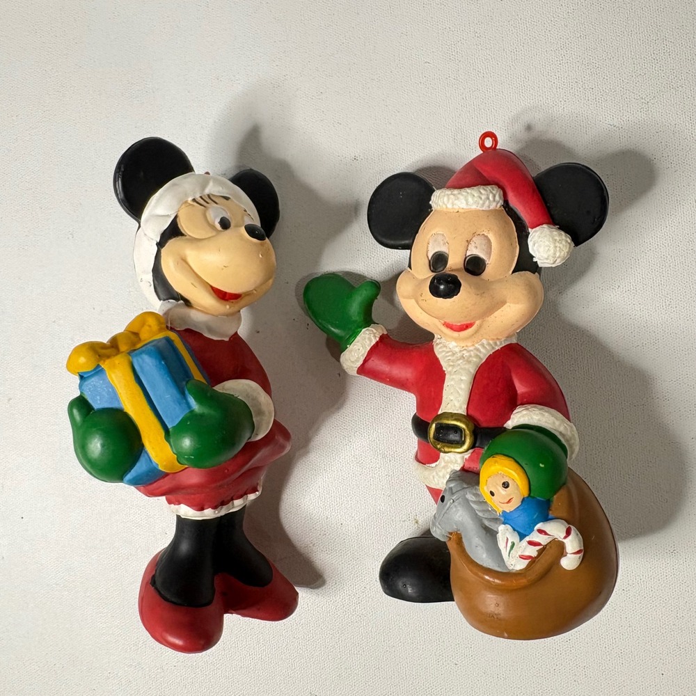 Vintage Disney Mickey Minnie Mouse Santa Christmas Ornaments Set of 2 PVC Toy